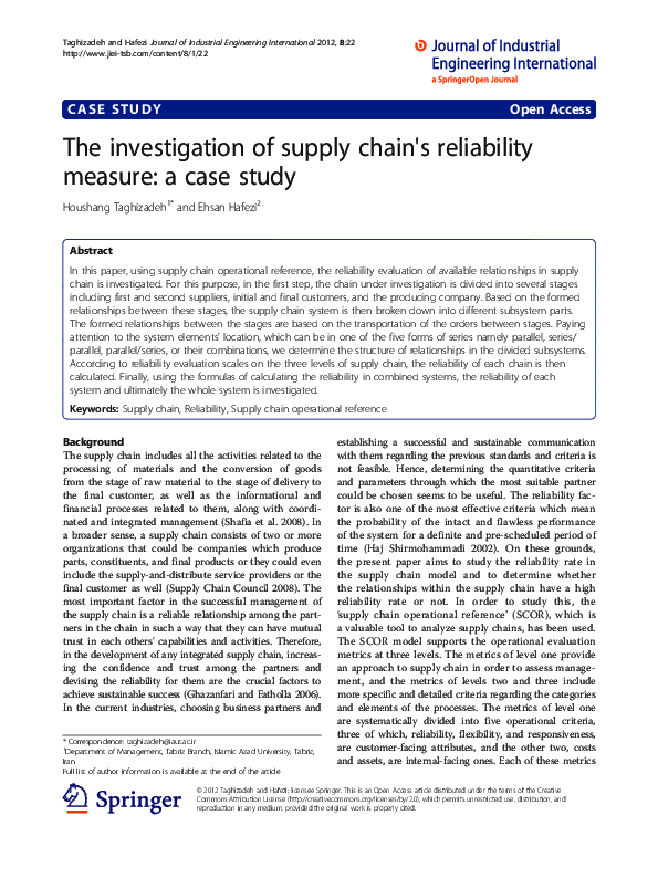 (PDF) The investigation of supply chain's reliability measure: a case study