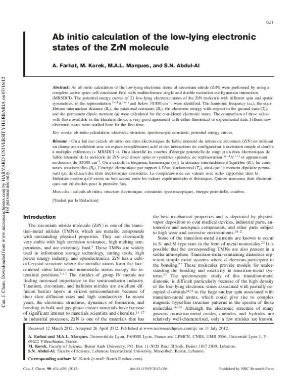 (PDF) Ab initio calculation of the low-lying electronic states of the ...
