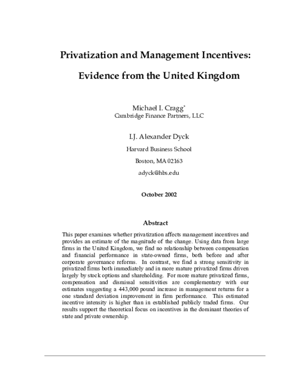 (PDF) Privatization and Management Incentives: Evidence from the United ...