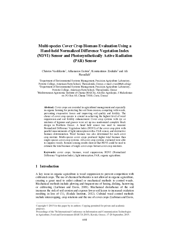 (PDF) Multi-species Cover Crop Biomass Evaluation Using a Hand-held ...