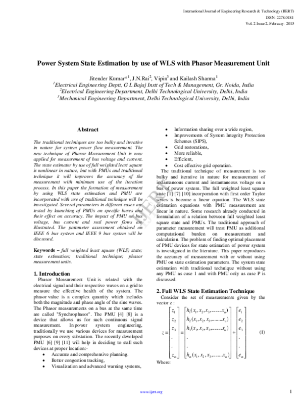 (PDF) Power System State Estimation by use of WLS with Phasor ...