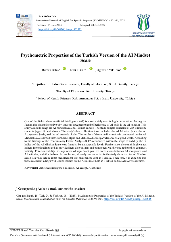 (PDF) Psychometric Properties of the Turkish Version of the AI Mindset ...
