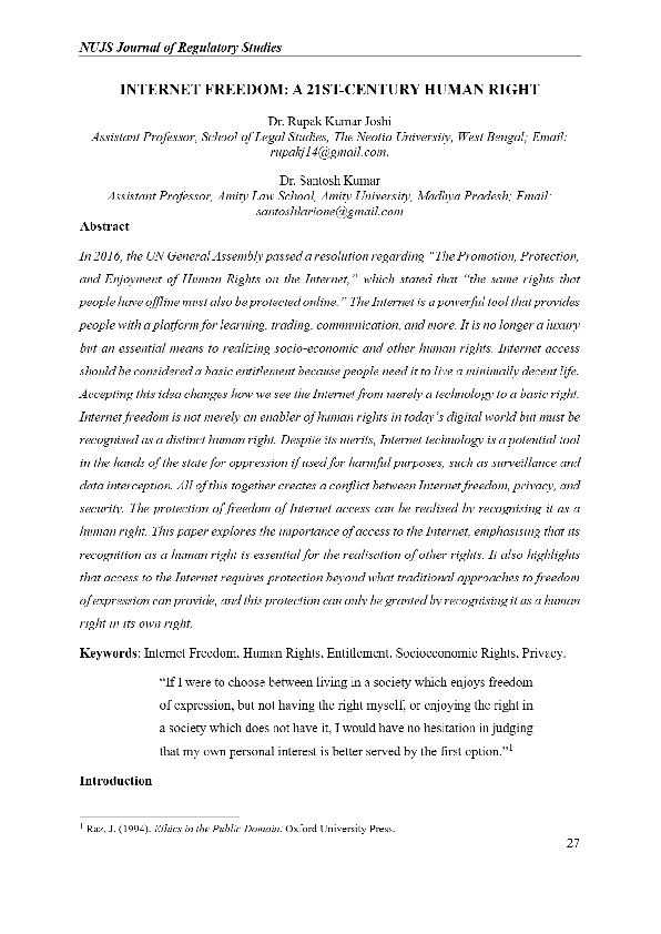 (PDF) Internet Freedom : A 21st century Human Right