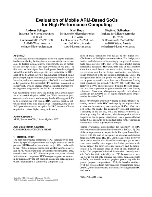 (PDF) Evaluation of Mobile ARM-Based SoCs for High Performance Computing