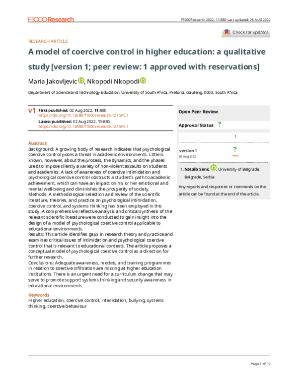 (PDF) A model of coercive control in higher education: a qualitative study
