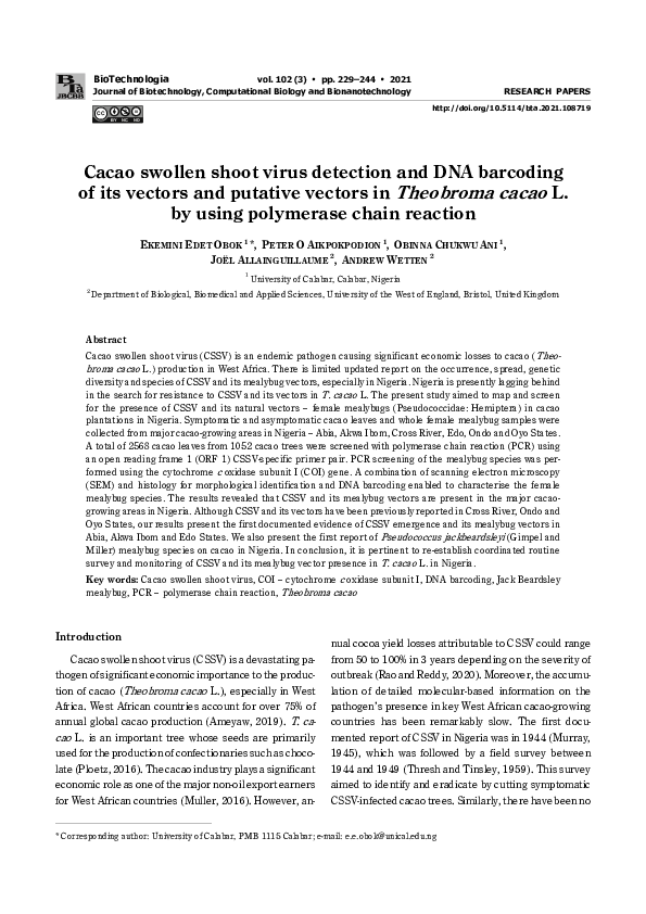 (PDF) Cacao swollen shoot virus detection and DNA barcoding of its ...