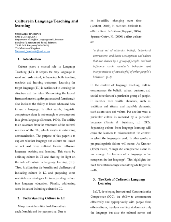 (PDF) Culture in Language Teaching and learning