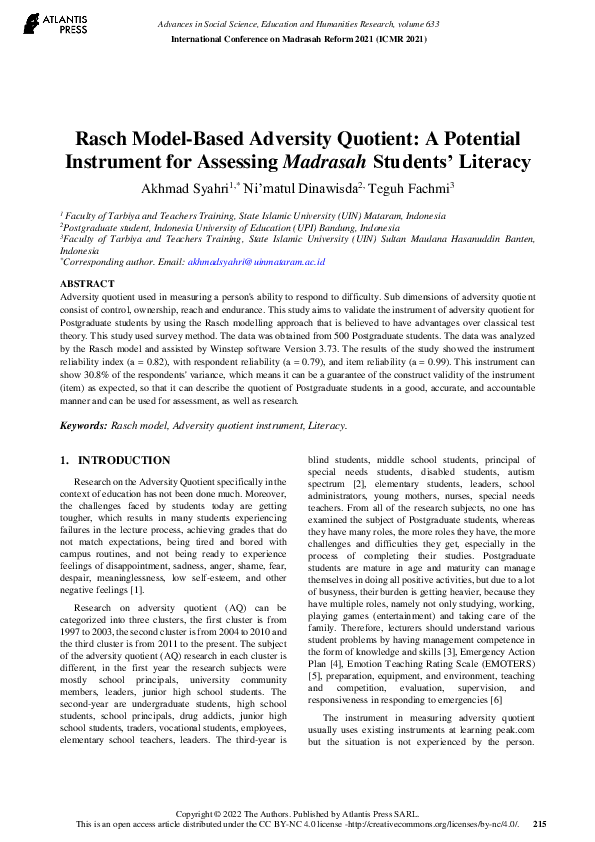 (PDF) Rasch Model-Based Adversity Quotient: A Potential Instrument for ...