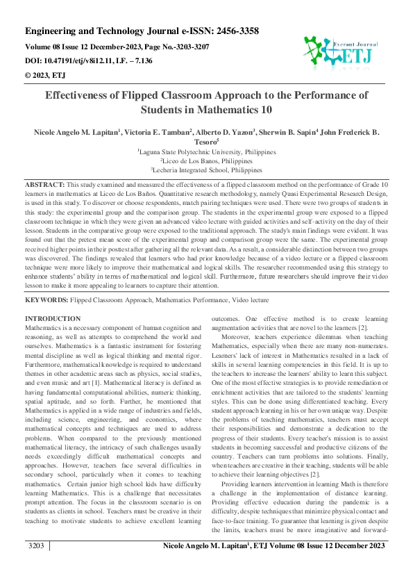 (PDF) Effectiveness of Flipped Classroom Approach to the Performance of ...