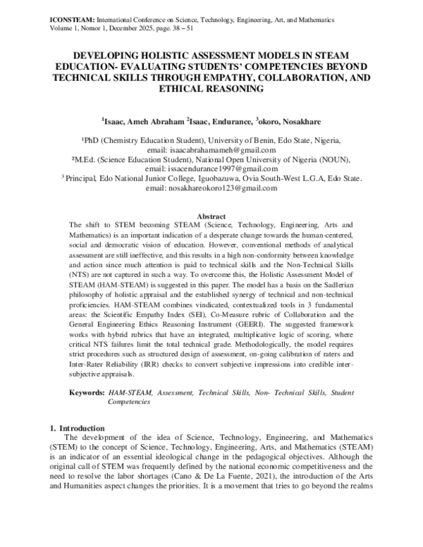 (PDF) DEVELOPING HOLISTIC ASSESSMENT MODELS IN STEAM EDUCATION ...