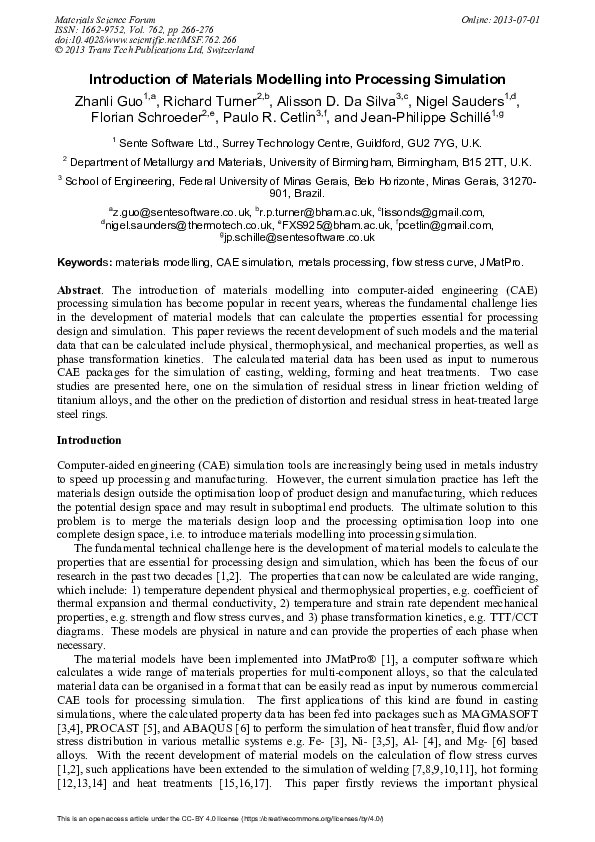 (PDF) Introduction of Materials Modelling into Processing Simulation