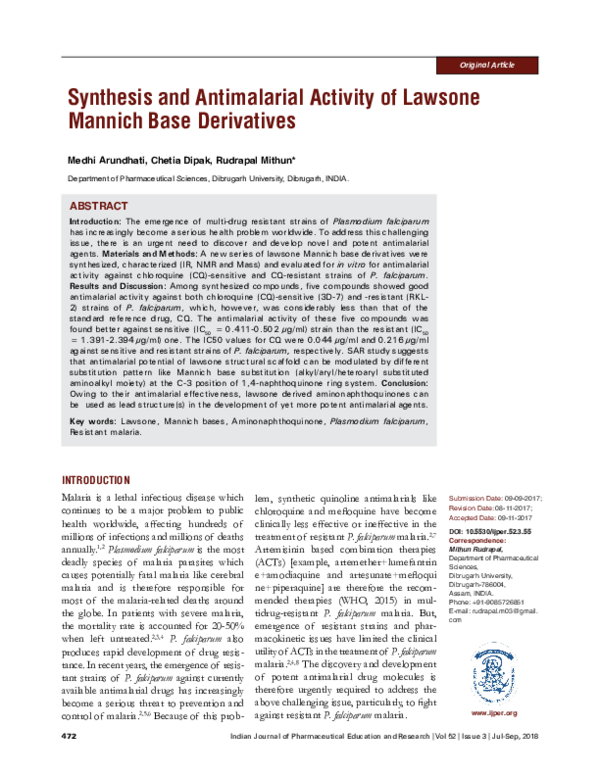 (PDF) Synthesis and Antimalarial Activity of Lawsone Mannich Base ...