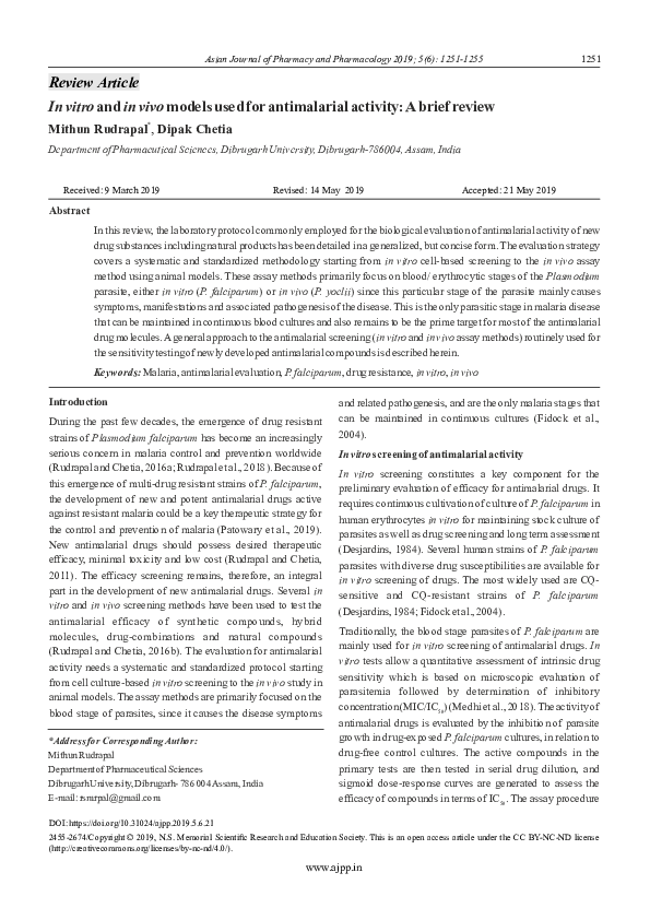 (PDF) In vitro and in vivo models used for antimalarial activity: A ...