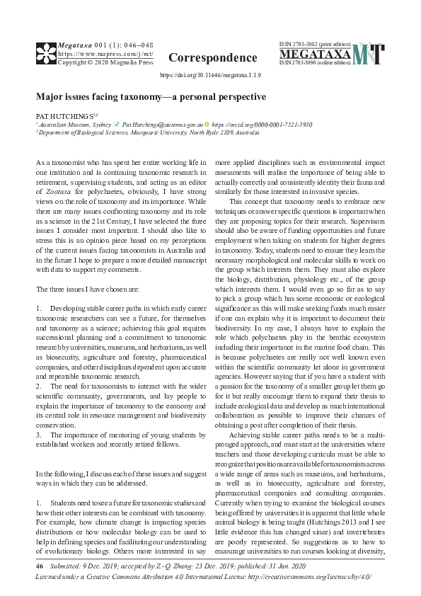 (PDF) Major issues facing taxonomy—a personal perspective
