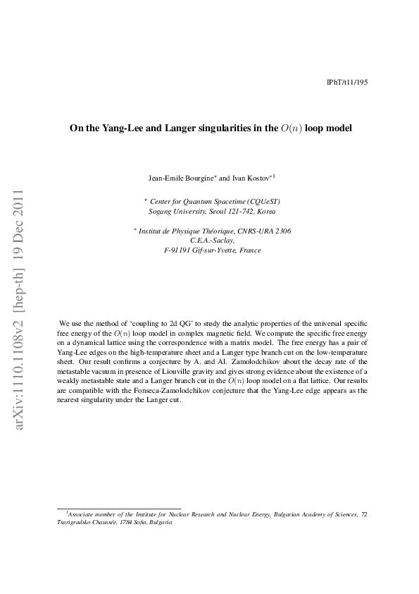 (PDF) On the Yang–Lee and Langer singularities in theO(n) loop model