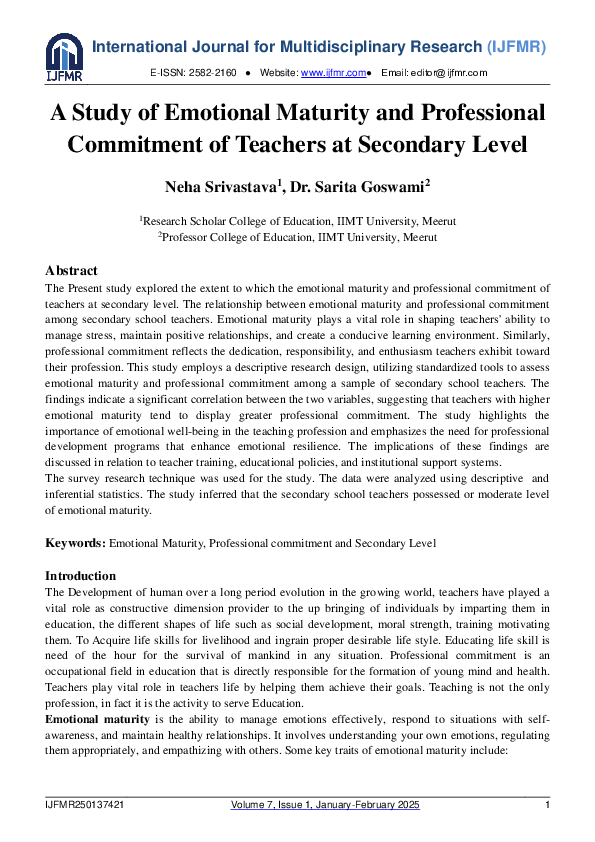 (PDF) A Study of emotional maturity and professional commitment of ...