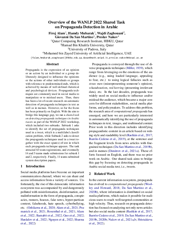 (PDF) Overview of the WANLP 2022 Shared Task on Propaganda Detection in ...