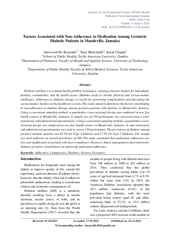 (PDF) Factors Associated with Non-Adherence to Medication Among ...