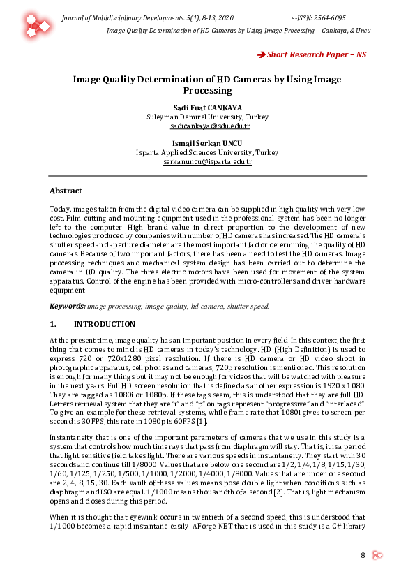 (PDF) Image Quality Determination of HD Cameras by Using Image Processing