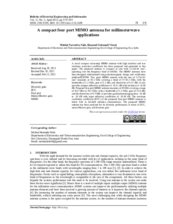(PDF) A compact four port MIMO antenna for millimeterwave applications