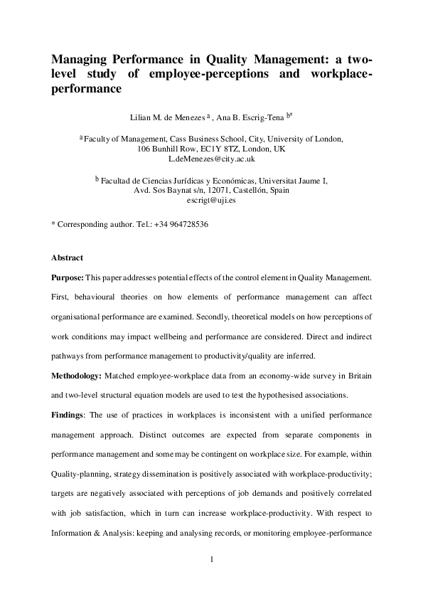 (PDF) Managing performance in quality management
