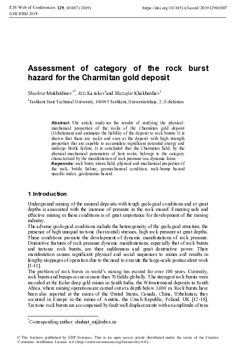 (PDF) Assessment of category of the rock burst hazard for the Charmitan ...