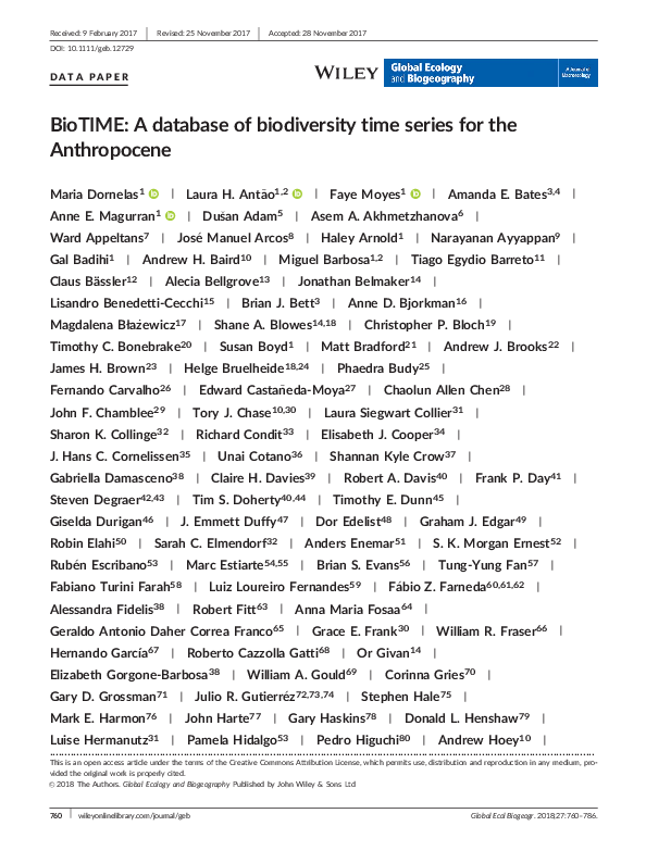 (PDF) BioTIME: A database of biodiversity time series for the Anthropocene