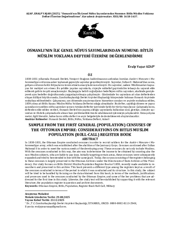 (PDF) OSMANLI’NIN İLK GENEL NÜFUS SAYIMLARINDAN NUMUNE: BİTLİS MÜSLİM ...