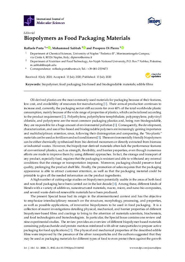 (PDF) Biopolymers as Food Packaging Materials