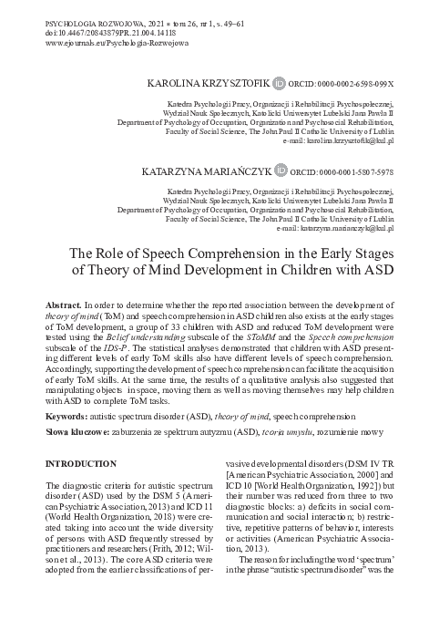 (PDF) The Role of Speech Comprehension in the Early Stages of Theory of ...