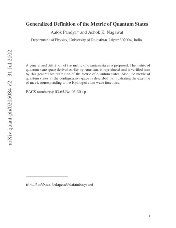 (PDF) A Generalized Definition of the Metric of Quantum States
