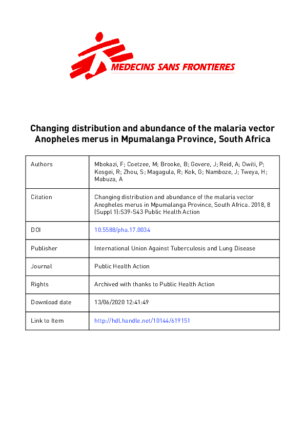 (PDF) Changing distribution and abundance of the malaria vector ...