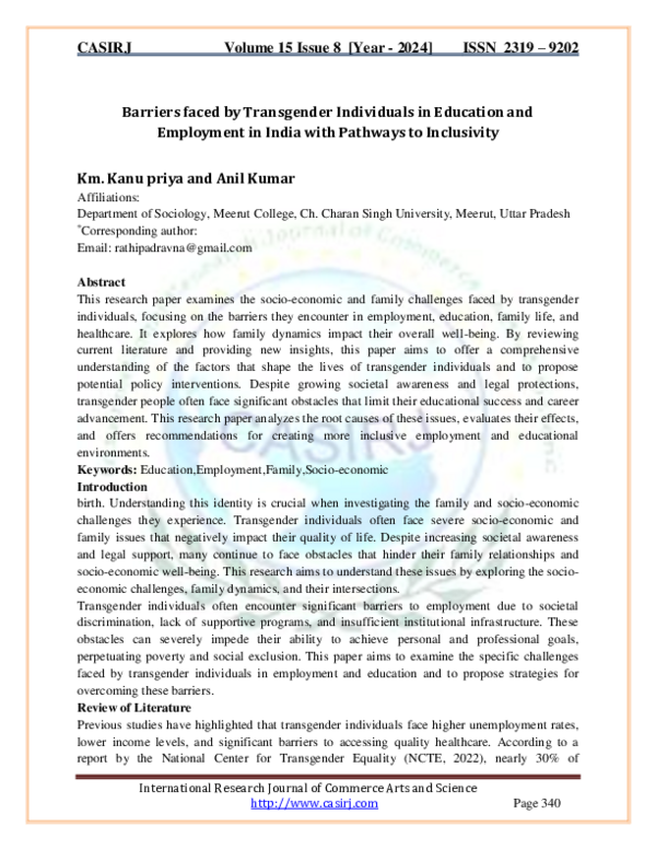 (PDF) Barriers faced by Transgender Individuals in Education and ...