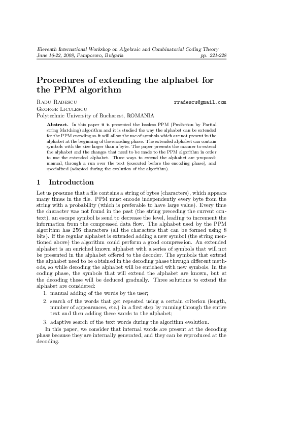 (PDF) Procedures of extending the alphabet for the PPM algorithm