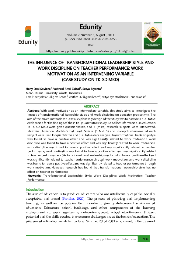 (PDF) The Influence of Transformational Leadership Style and Work ...