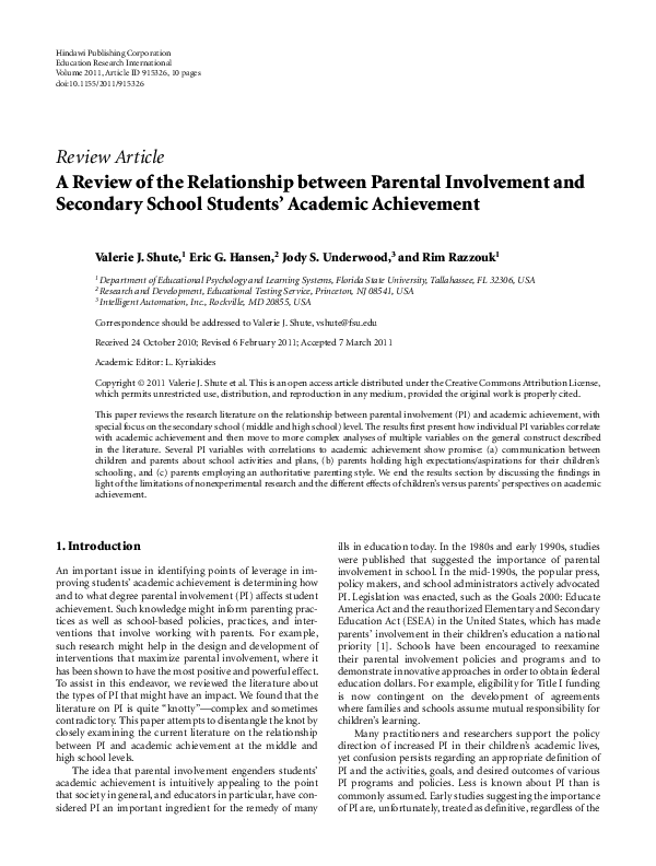 (PDF) A Review of the Relationship between Parental Involvement and ...