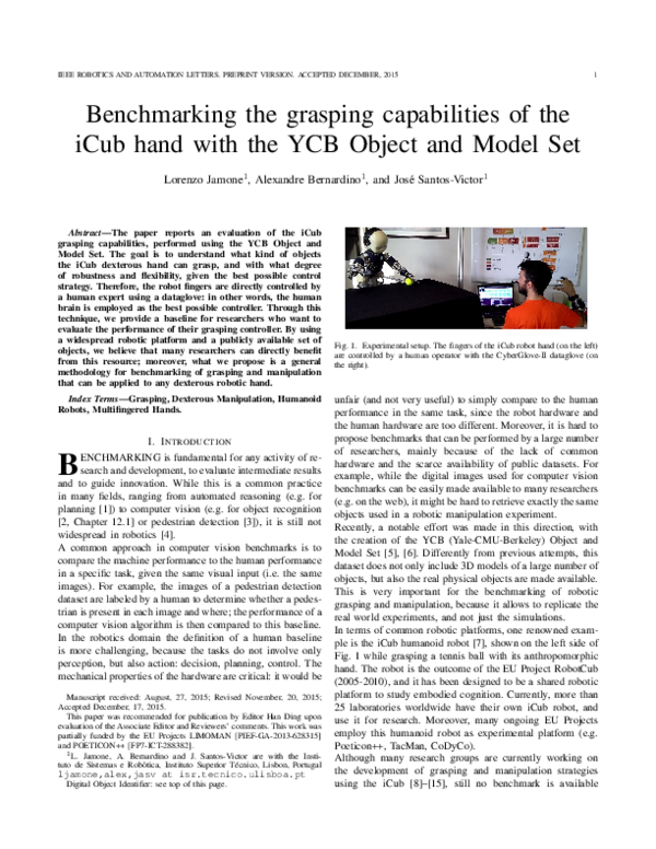 (PDF) Benchmarking the Grasping Capabilities of the iCub Hand With the ...
