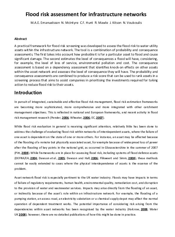 (PDF) Flood risk assessment for infrastructure networks