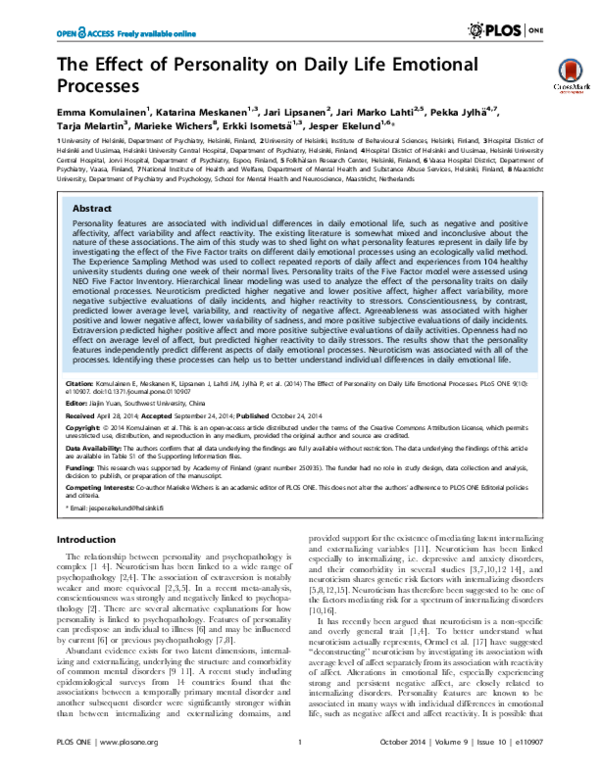 (PDF) The effect of personality on daily life emotional processes