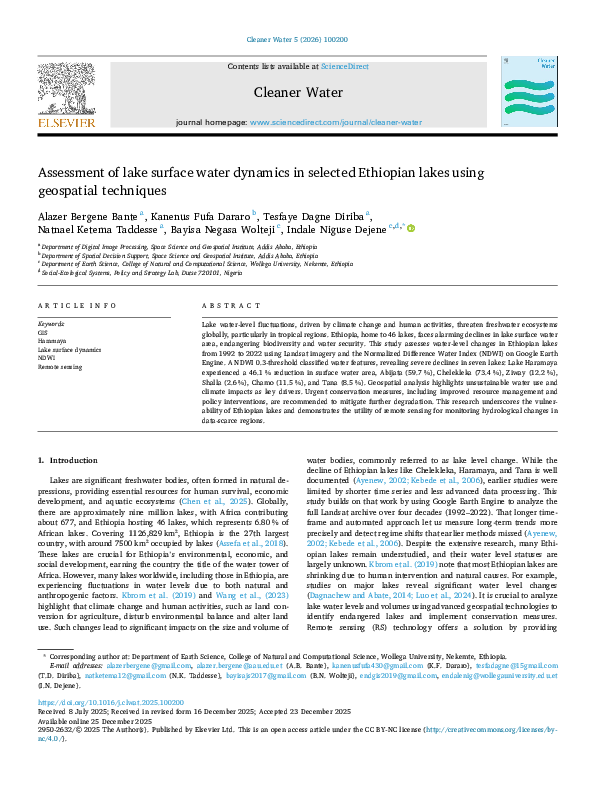 (PDF) Assessment of lake surface water dynamics in selected Ethiopian ...