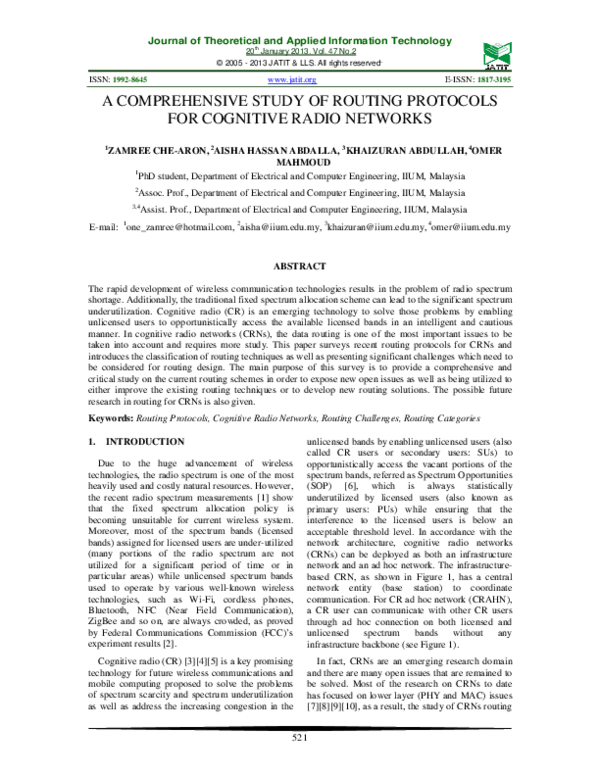 (PDF) A comprehensive study of routing protocols for cognitive radio ...