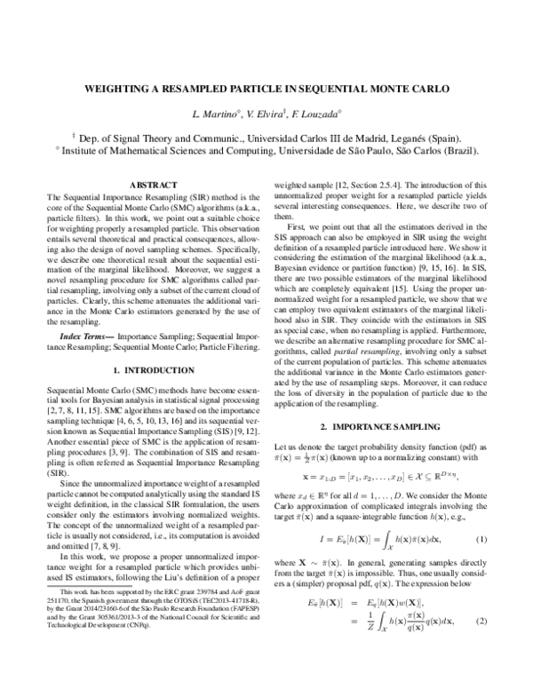 (PDF) Weighting a resampled particle in Sequential Monte Carlo
