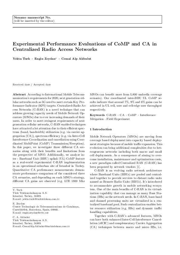 (PDF) Experimental performance evaluations of CoMP and CA in ...