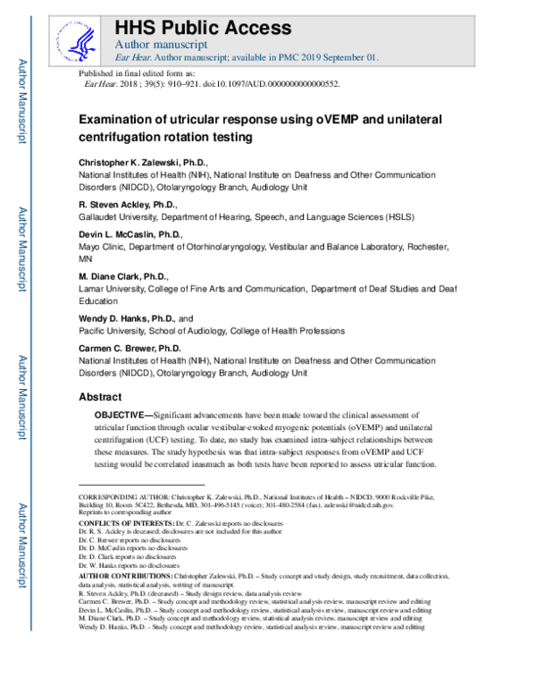 (PDF) Examination of Utricular Response Using oVEMP and Unilateral ...