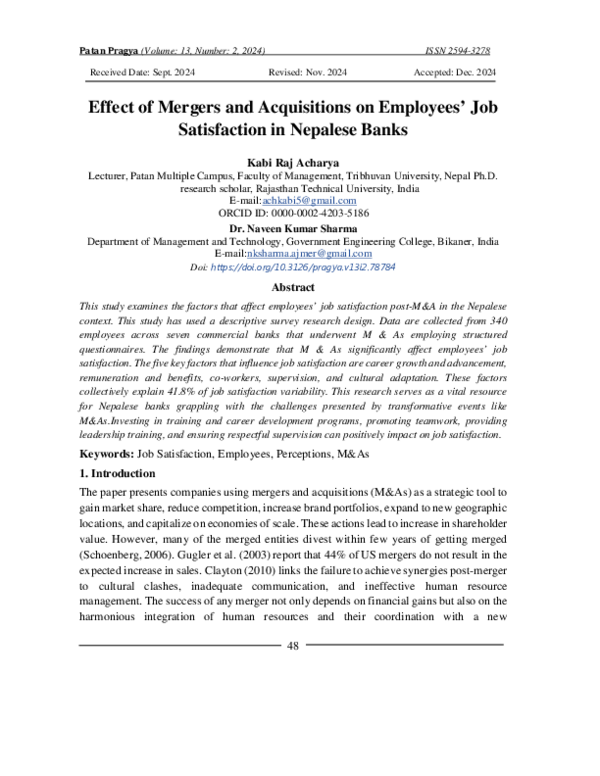 (PDF) Effect of Mergers and Acquisitions on Employees' Job Satisfaction ...