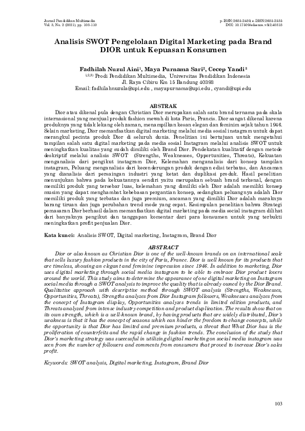 (PDF) Analisis SWOT Pengelolaan Digital Marketing pada Brand DIOR untuk ...