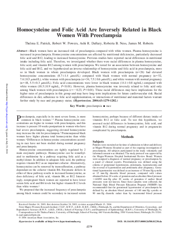 (PDF) Homocysteine and Folic Acid Are Inversely Related in Black Women ...