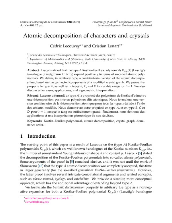 (PDF) Atomic decomposition of characters and crystals