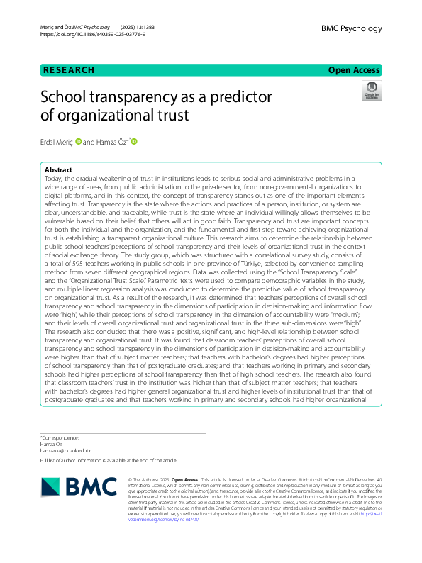 (PDF) School transparency as a predictor of organizational trust