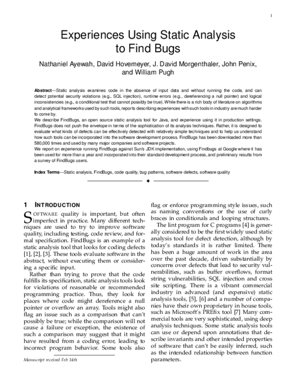 (PDF) Experiences Using Static Analysis to Find Bugs